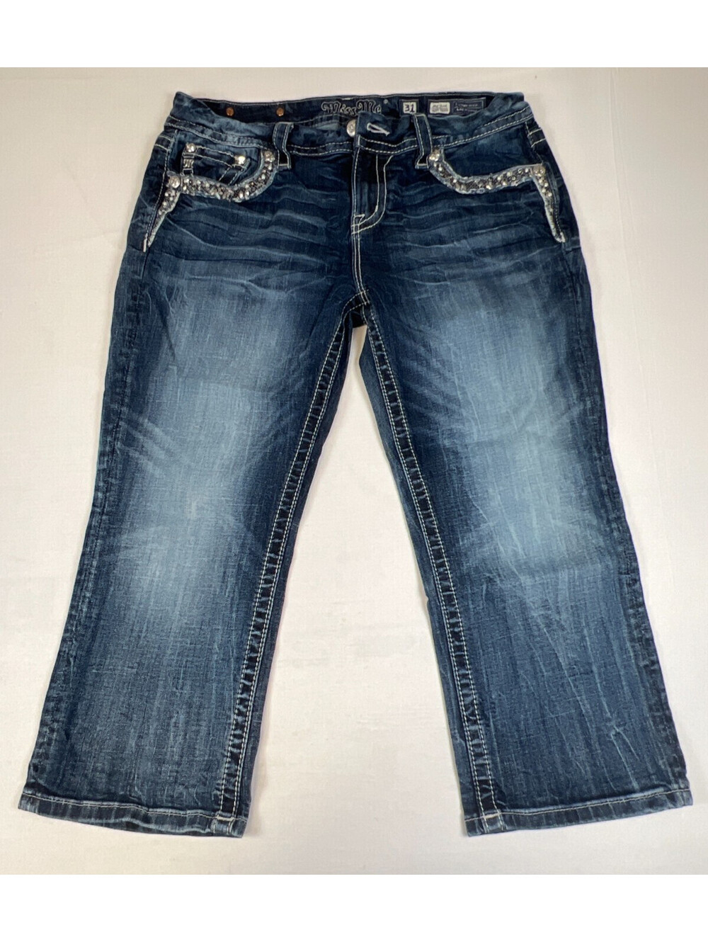 Miss Me Womens Size 31 Mid-Rise Easy Crop Jeans Blue Bling Embellished Denim